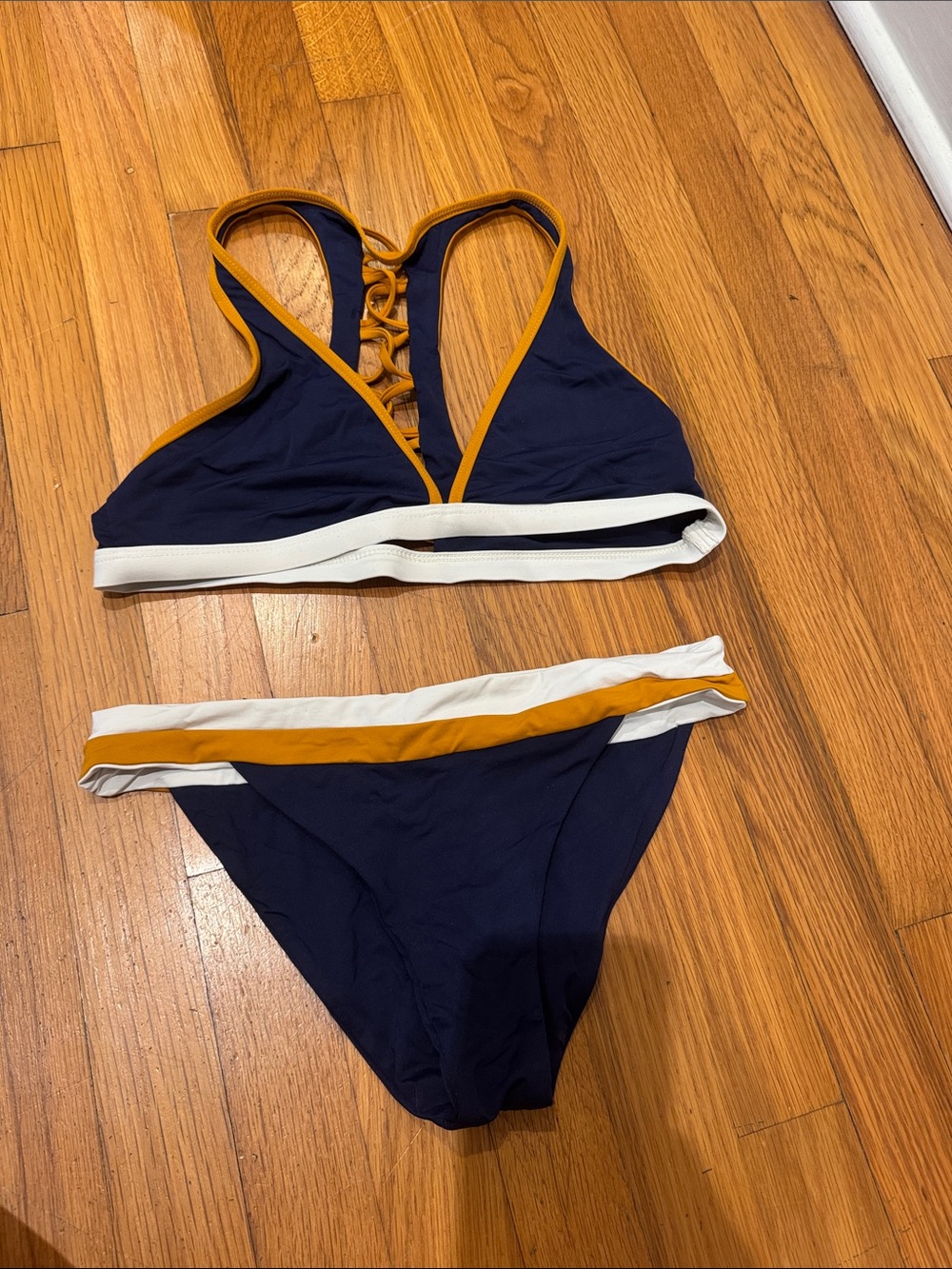 l*space Navy Lace-Back Bikini with Mustard & White Trim